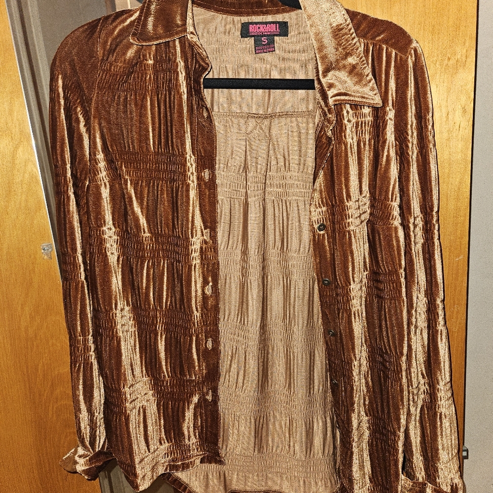 Rock n roll denim copper women small button down velvet